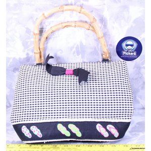 CROFT & BARROWS Checkered Bamboo Handle Statement Purse W Embroidered Flipflops